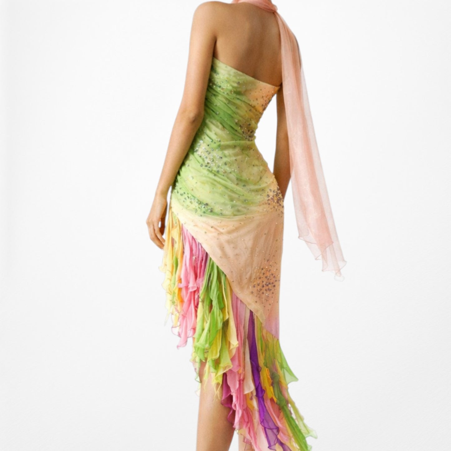 Vintage Pink Strapless Beaded Ruffle Asymmetric High Low Midi Prom Dress Size M