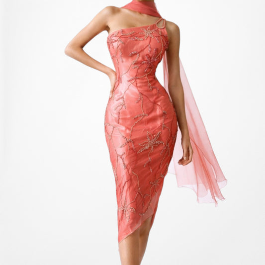 Vintage Pink Orange Floral Beaded Silk One Shoulder Midi Bodycon Formal Cocktail Prom Dress Size S