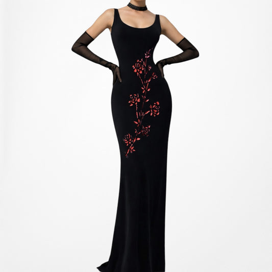 Vintage Velvet Black Red Floral Maxi Bodycon Knit Cocktail Formal Dress Size M/L