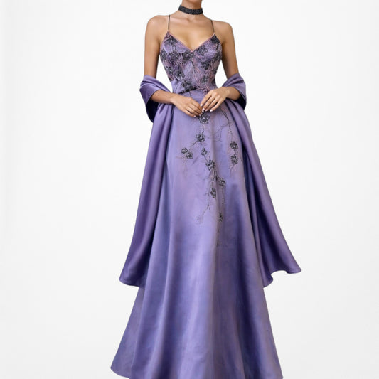 Vintage Purple Satin Floral Beaded Fit Flared Formal Maxi Prom Dress Size XS