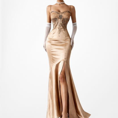 Vintage Brown Silk Beaded Flared Side Slit High Low Maxi Prom Dress Size S/M