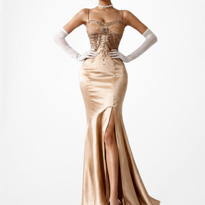 Vintage Brown Silk Beaded Flared Side Slit High Low Maxi Prom Dress Size S/M