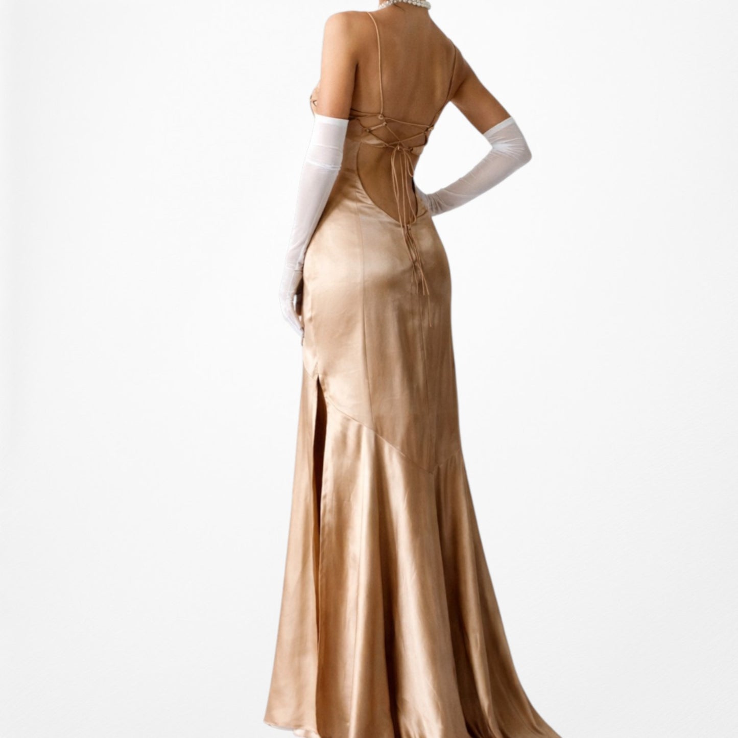 Vintage Brown Silk Beaded Flared Side Slit High Low Maxi Prom Dress Size S/M