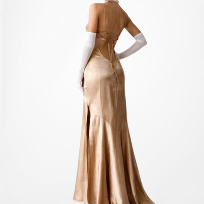 Vintage Brown Silk Beaded Flared Side Slit High Low Maxi Prom Dress Size S/M