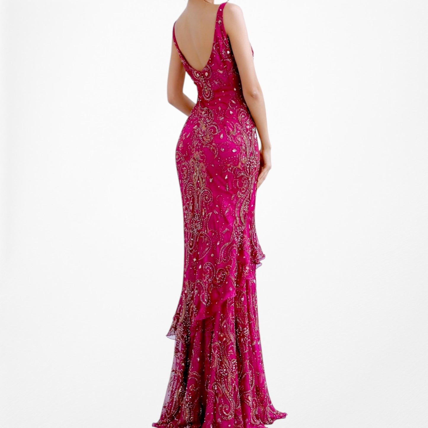 Vintage Y2K Pink Beaded Cowl Neck Silk Bodycon Maxi Prom Dress Size M