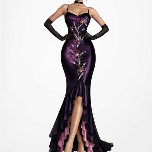 Vintage Purple Red Floral Beaded Mesh Bodycon Maxi Prom Dress Size S/M