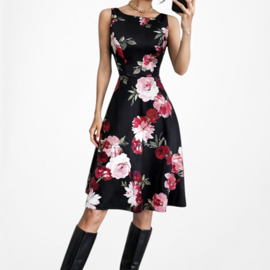 Vintage Y2K Black Sleeveless Floral Knit Knee Length Fit Flared Dress Size M
