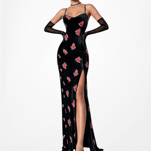 Vintage Black Floral Embroidered Velvet Side Slit Bodycon Maxi Prom Dress Size S/M