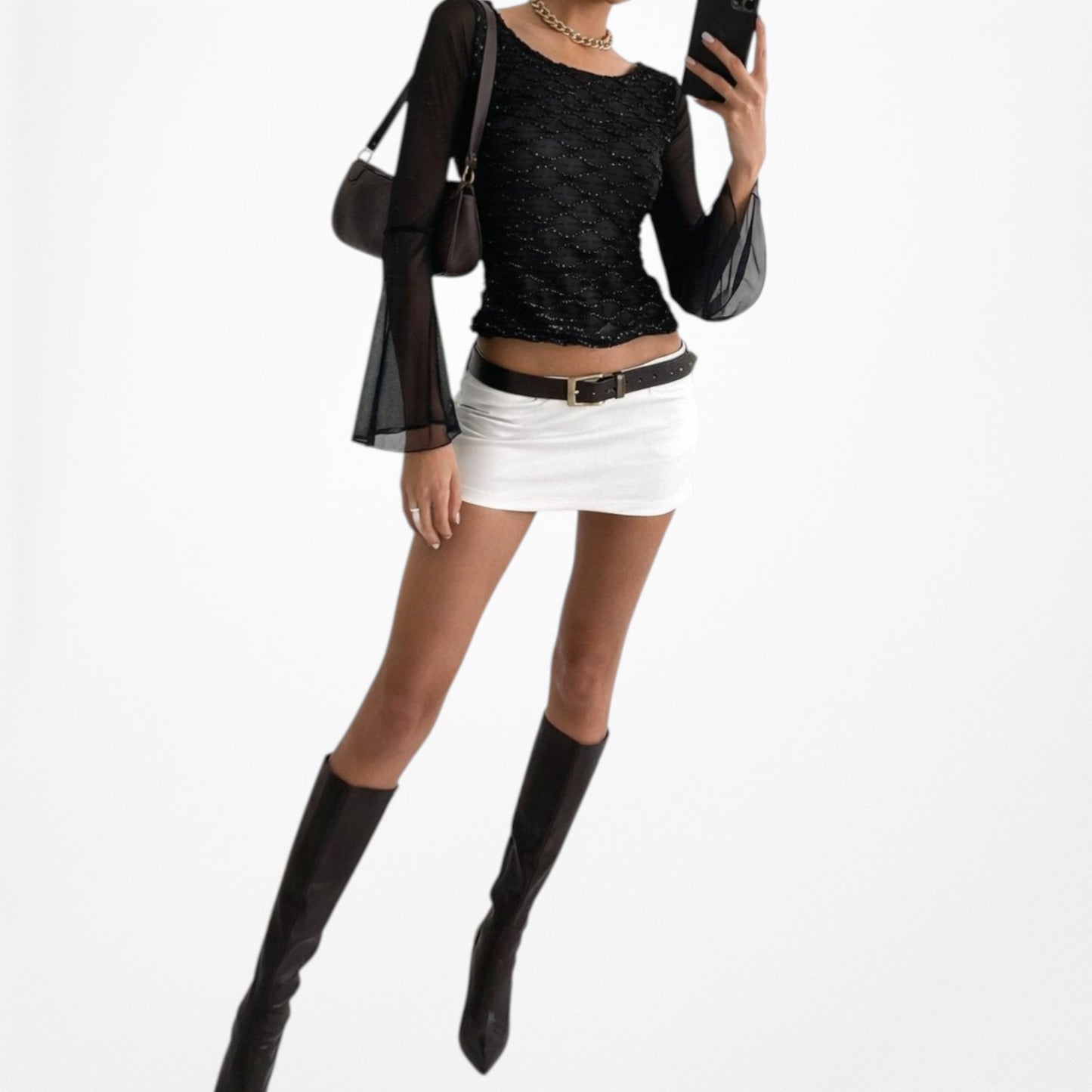 Vintage Y2K Black Long Bell Sleeve Glitter Embellished Blouse Top Size M