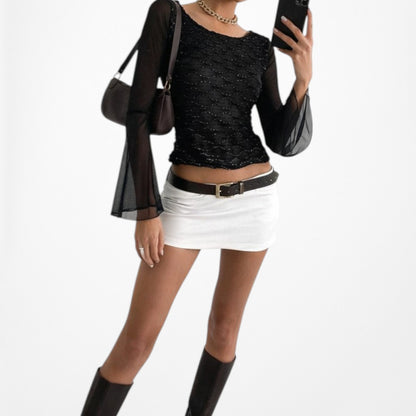 Vintage Y2K Black Long Bell Sleeve Glitter Embellished Blouse Top Size M