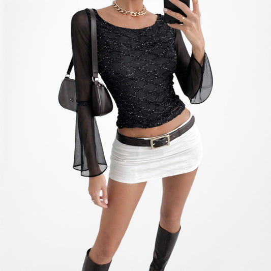 Vintage Y2K Black Long Bell Sleeve Glitter Embellished Blouse Top Size M