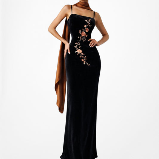 Vintage Black Velvet Knit Floral Embroidered Side Slit Maxi Bodycon Prom Dress Size S/M