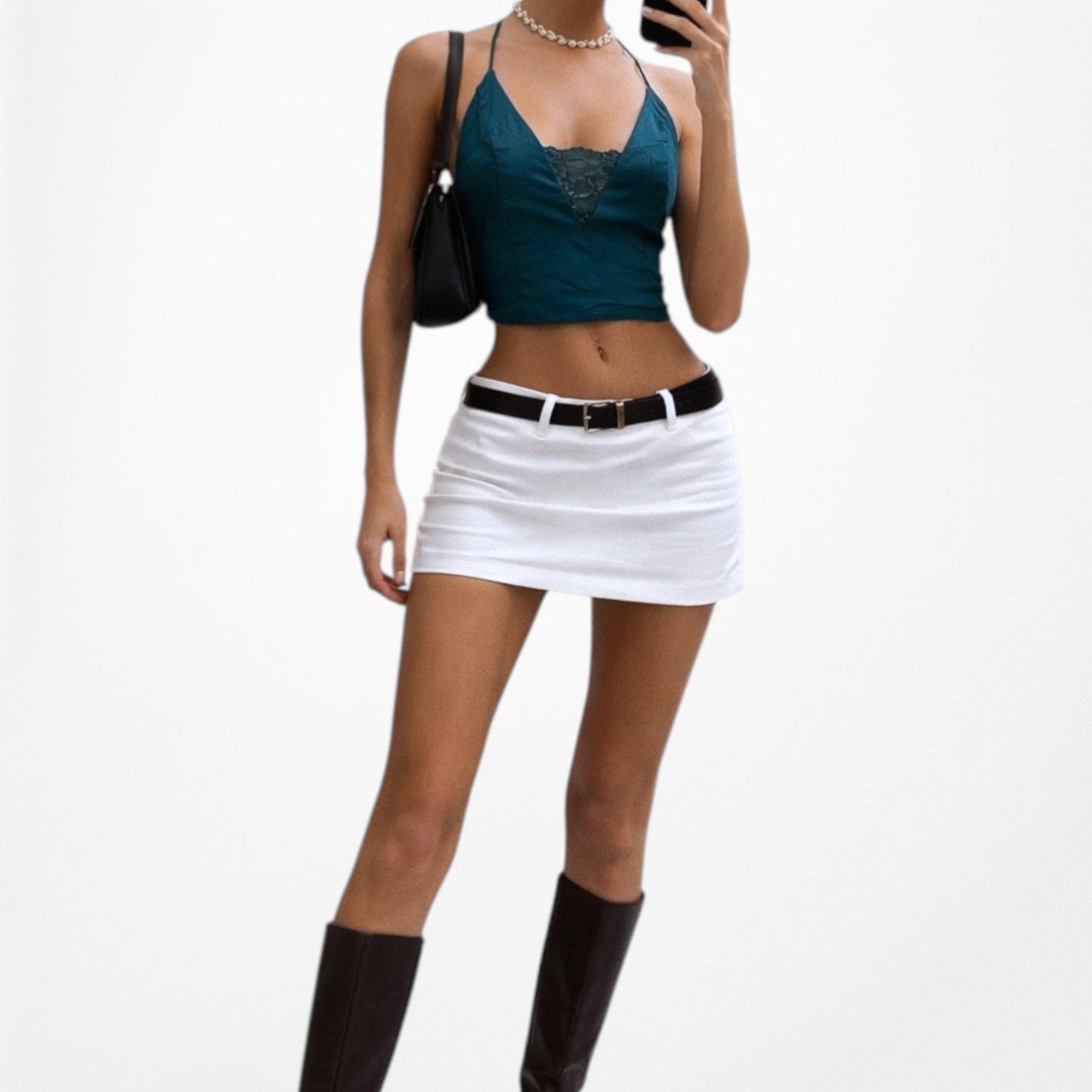 Vintage Y2K 90s Blue Halter V-Neck Lace Detail Cami Tank Casual Crop Top Size M