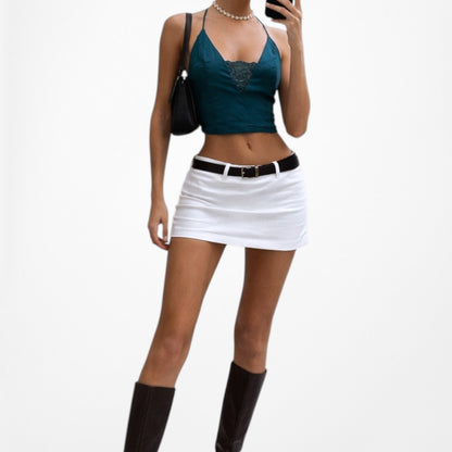 Vintage Y2K 90s Blue Halter V-Neck Lace Detail Cami Tank Casual Crop Top Size M