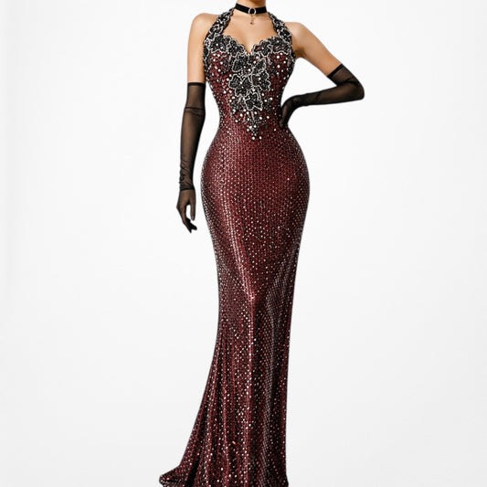 Vintage Brown Floral Beaded Halter Bodycon Maxi Prom Dress Size XS/S