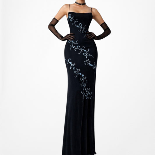 Vintage Black Blue Maxi Bodycon Cocktail Formal Dress Size S/M