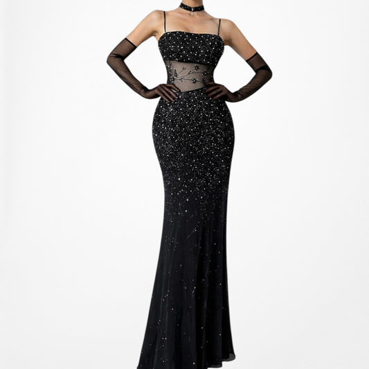 Vintage Black Floral Mesh Silk Beaded Maxi Bodycon Cocktail Formal Prom Dress Size S