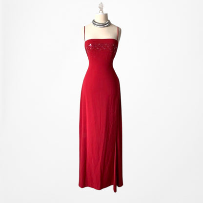 Vintage Y2K 90s Red Knit Bodycon Sequin Formal Prom Side Slit Maxi Dress M