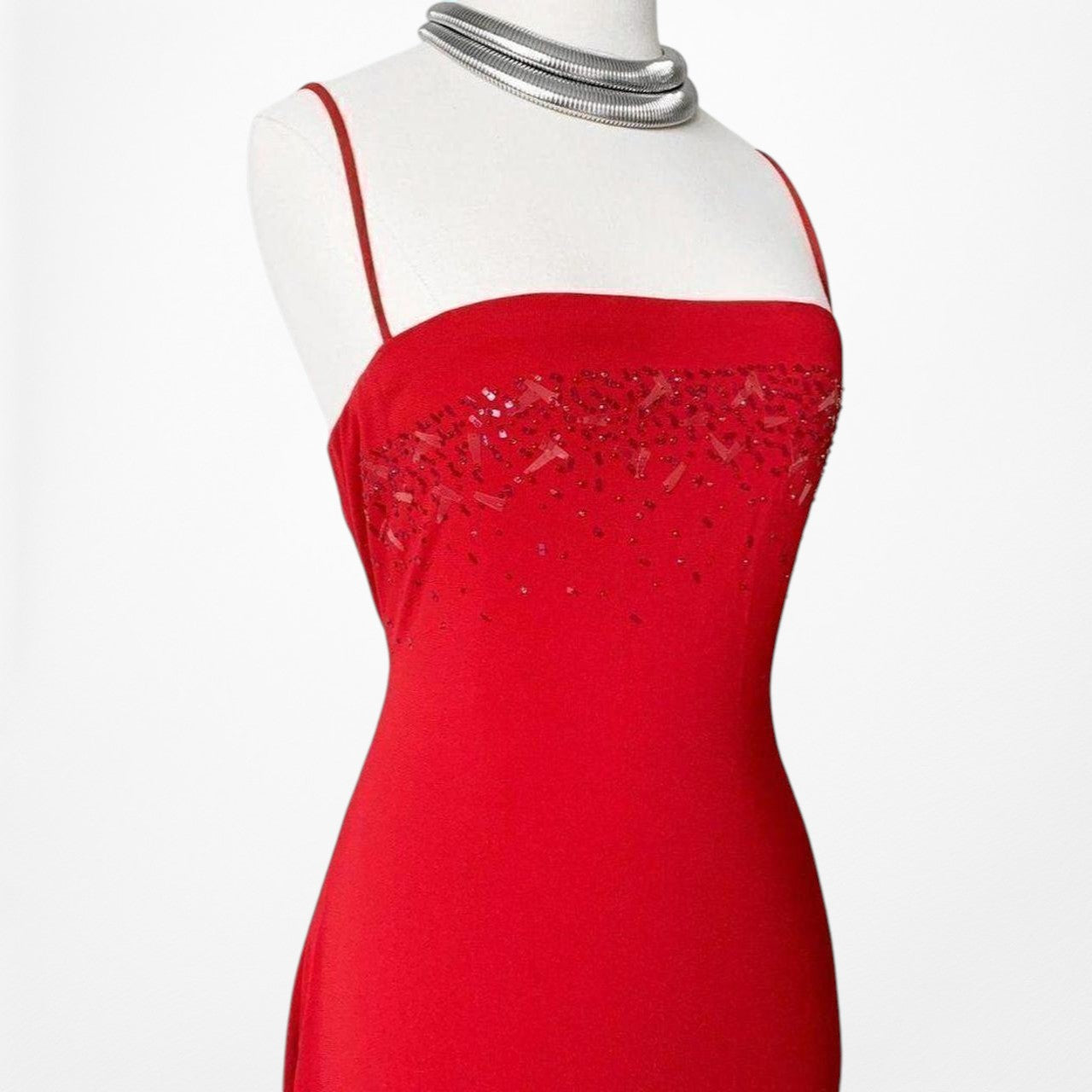 Vintage Y2K 90s Red Knit Bodycon Sequin Formal Prom Side Slit Maxi Dress M