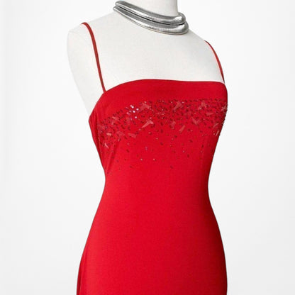 Vintage Y2K 90s Red Knit Bodycon Sequin Formal Prom Side Slit Maxi Dress M