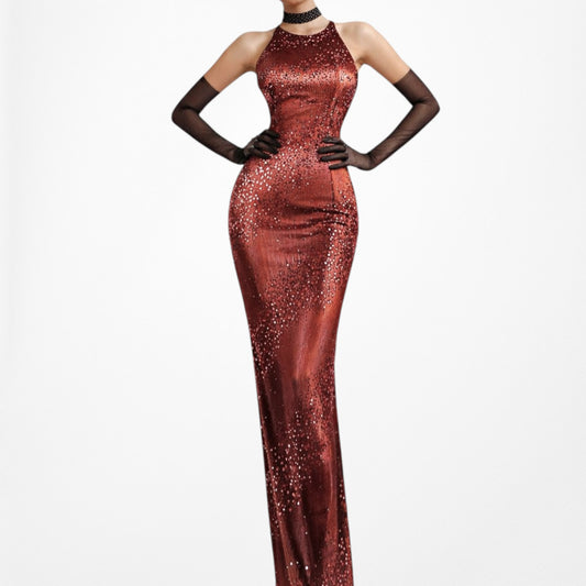 Vintage Beaded Sequin Satin Bodycon Maxi Prom Cocktail Formal Dress Size M