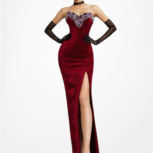 Vintage Burgundy Red Strapless Sequin Beaded Velvet Bodycon Maxi Slit Formal Prom Dress Size S