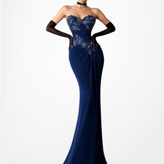 Vintage Navy Blue Lace Beaded Corset Bustier Maxi Prom Dress Size S/M