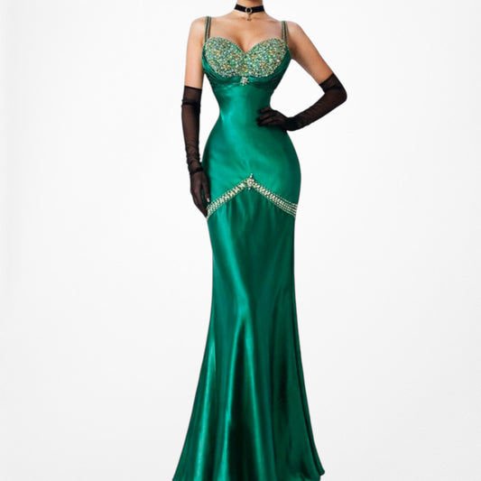 Vintage Y2K Green Satin Beaded Bodycon Maxi Formal Cocktail Prom Dress Size M