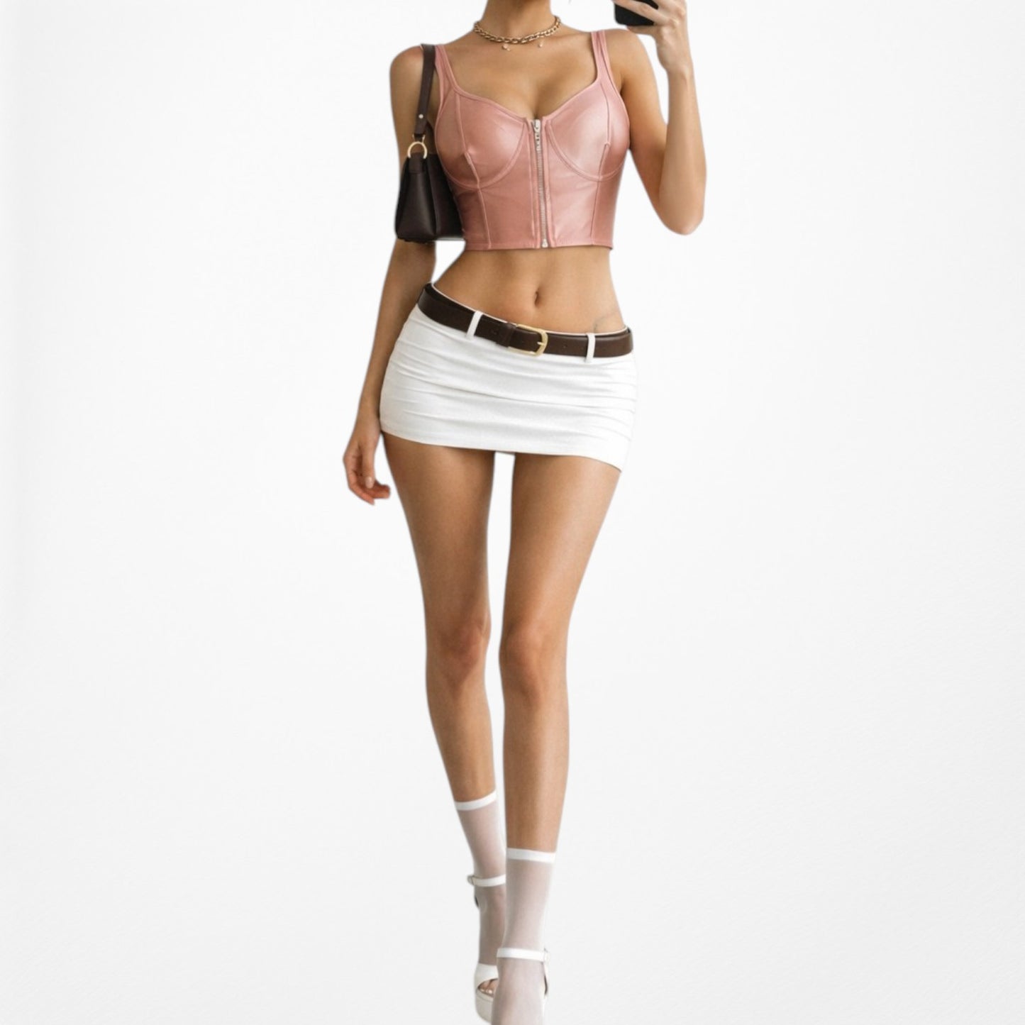 Vintage Y2K Pink Zip Up Bustier Corset Knit Scoop Neck Satin Crop Top S