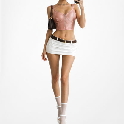 Vintage Y2K Pink Zip Up Bustier Corset Knit Scoop Neck Satin Crop Top S
