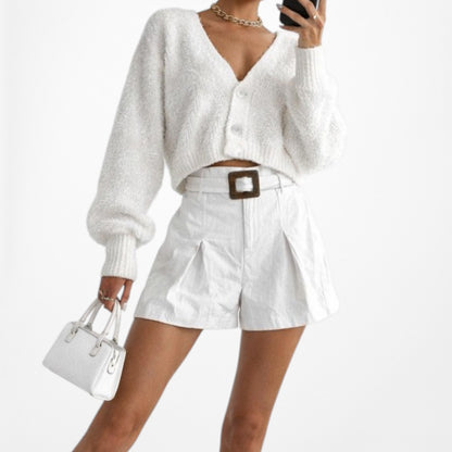 Vintage Y2K 90s White High Waisted Pleated Buckle Belt Linen Shorts Size XS/S