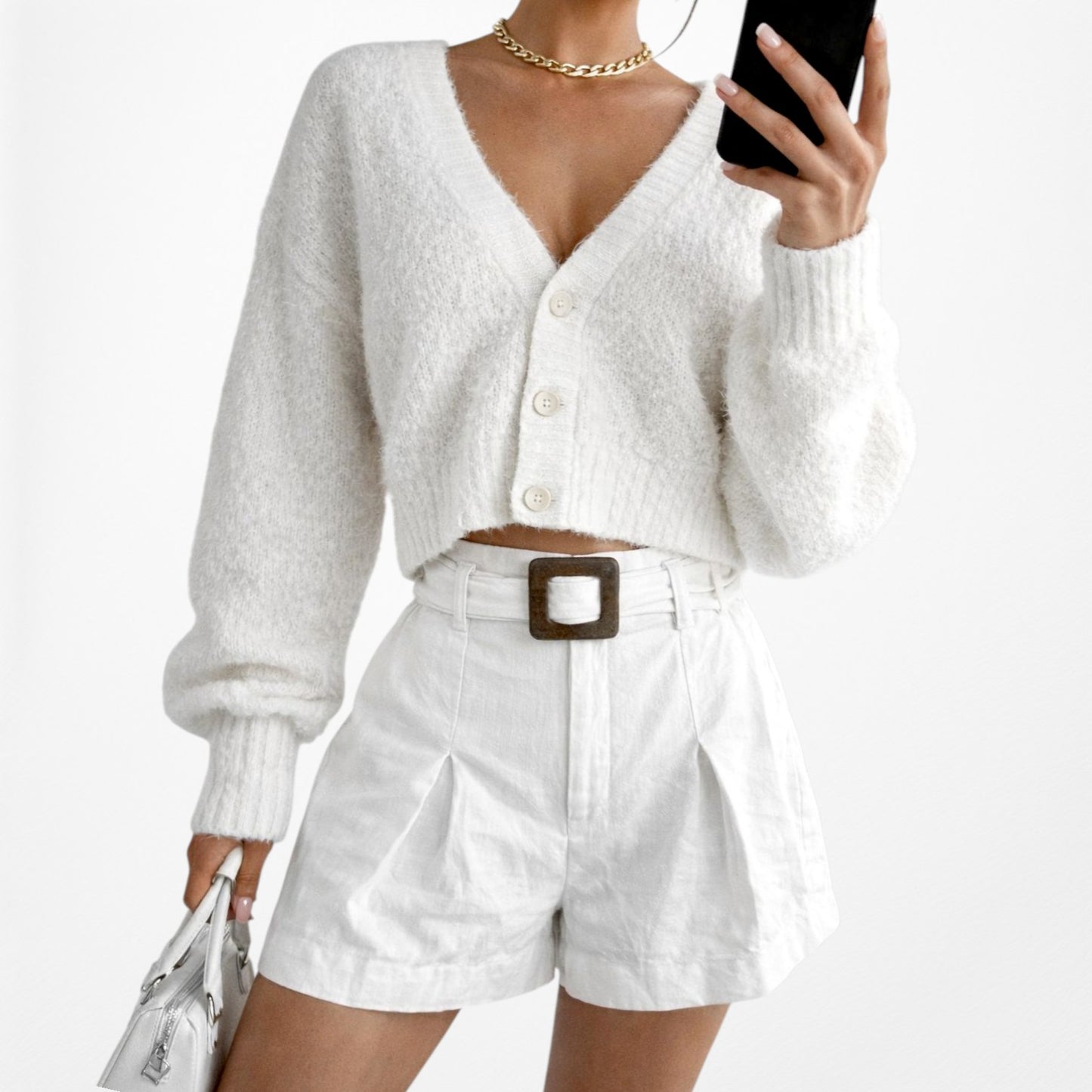 Vintage Y2K 90s White High Waisted Pleated Buckle Belt Linen Shorts Size XS/S