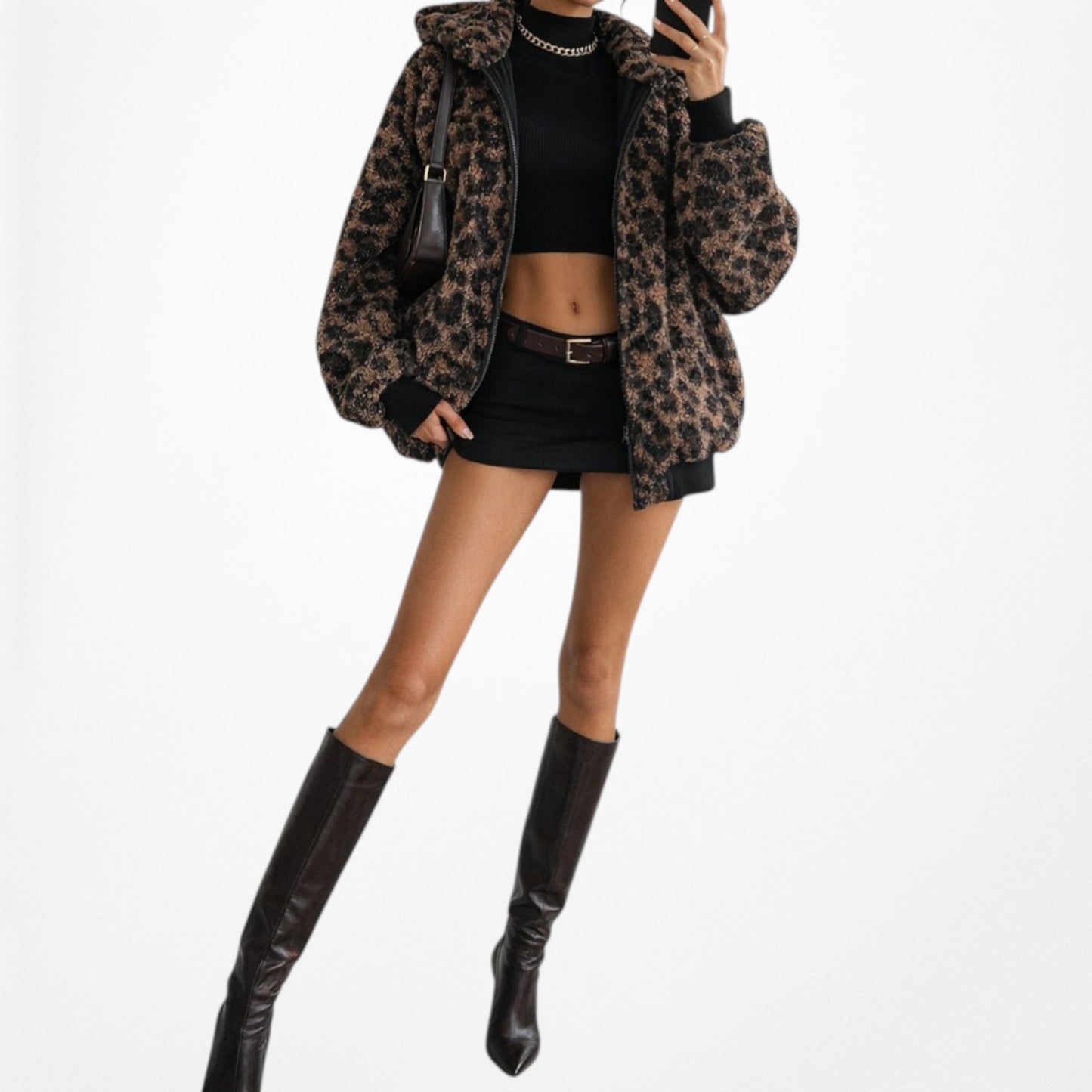 Vintage Brown Black Oversized Leopard Print Bomber Style Hooded Jacket Size S