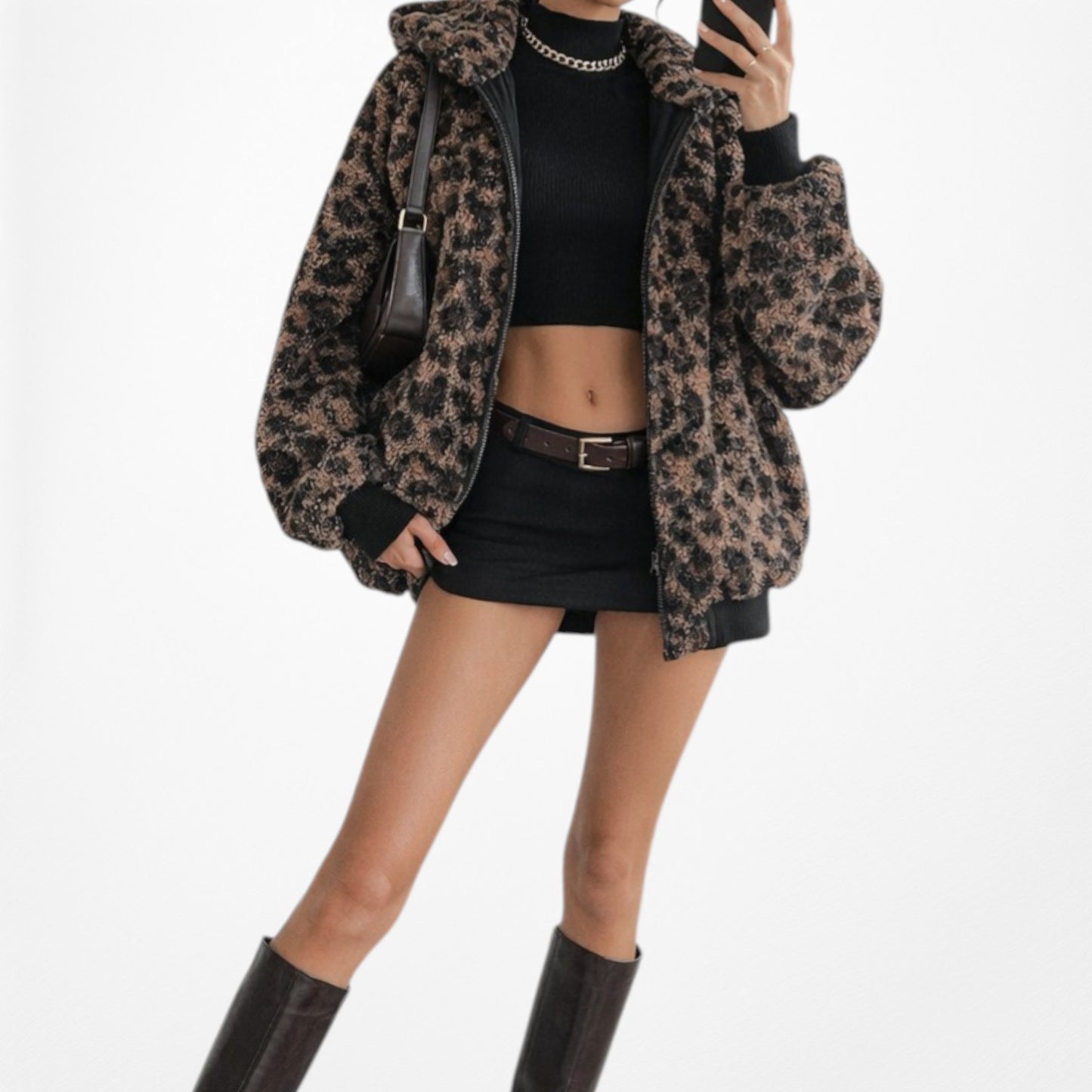 Vintage Brown Black Oversized Leopard Print Bomber Style Hooded Jacket Size S