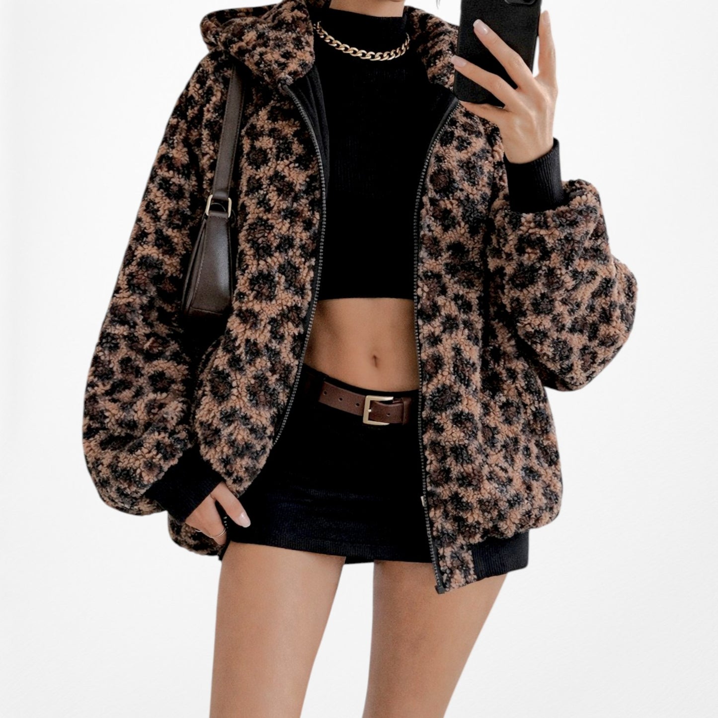 Vintage Brown Black Oversized Leopard Print Bomber Style Hooded Jacket Size S