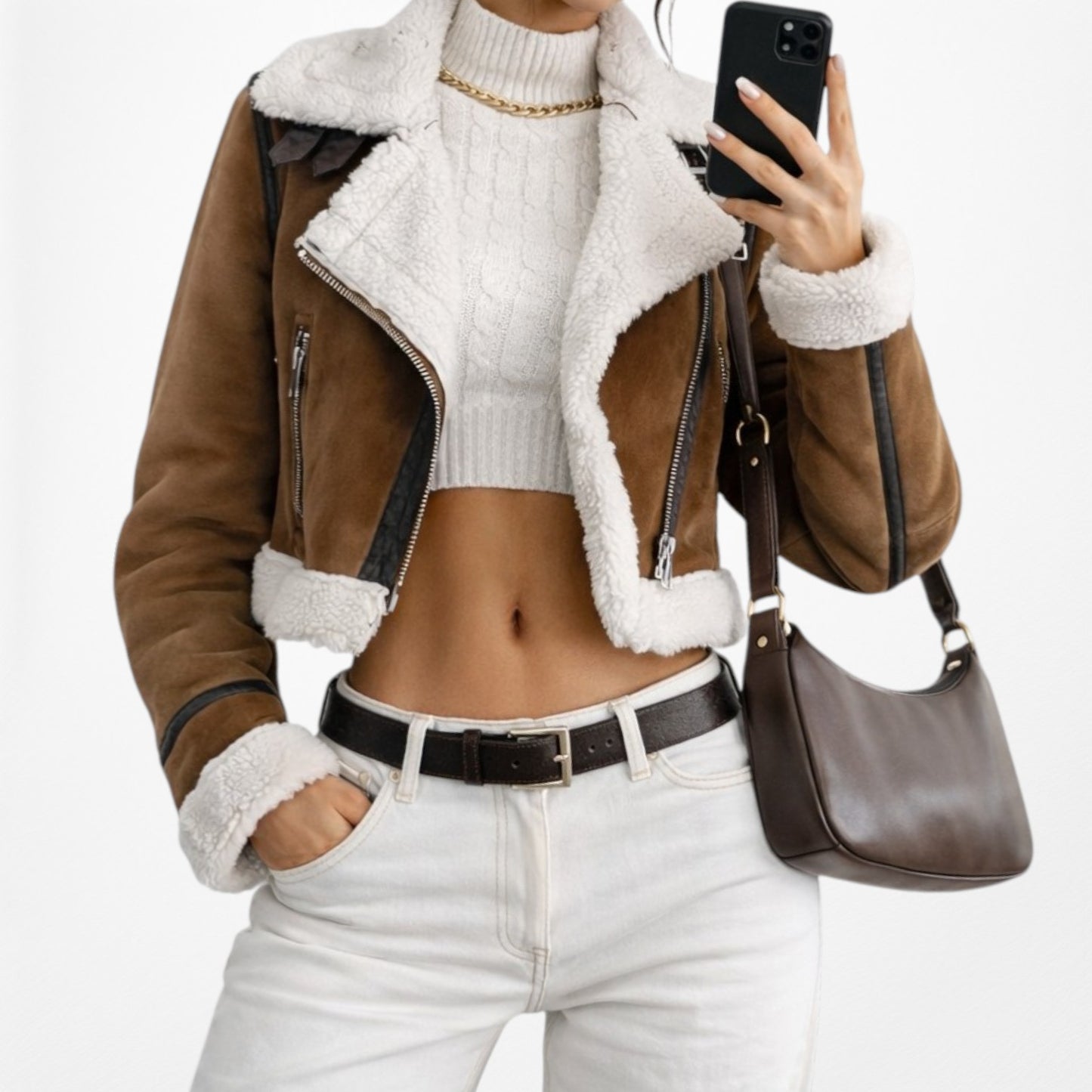Zara Suede Brown Fleece Lined Buckle Detail Motorcycle Style Jacket Size S