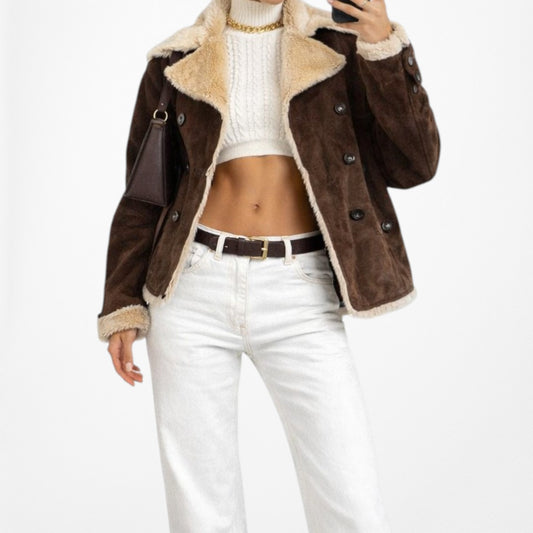 Vintage Y2K Kenneth Cole Brown Shearling Faux Fur Lined Suede Teddy Coat Size M