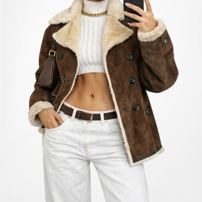 Vintage Y2K Kenneth Cole Brown Shearling Faux Fur Lined Suede Teddy Coat Size M