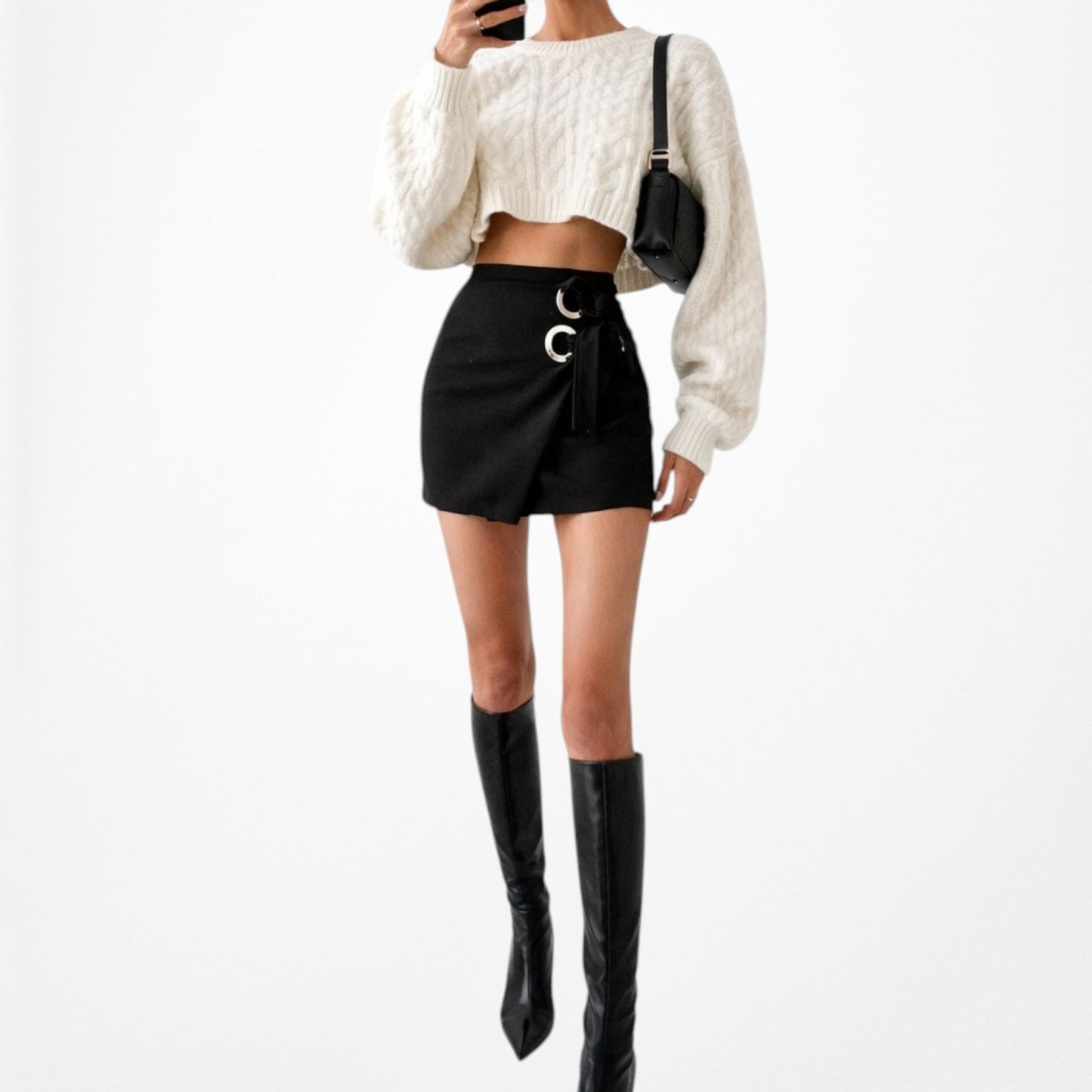 Black High Waisted Silver Hoop Hardware Wrap Mini Skirt Size XS/S