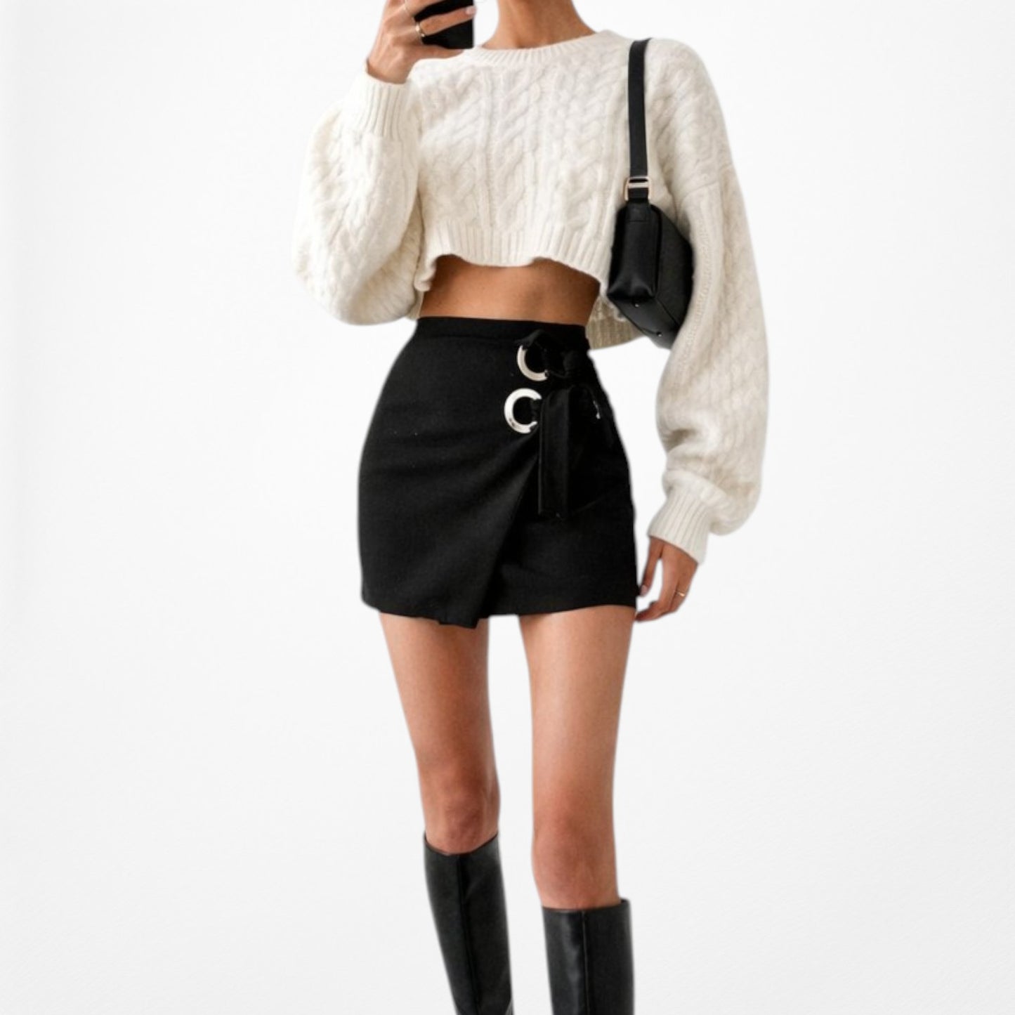 Black High Waisted Silver Hoop Hardware Wrap Mini Skirt Size XS/S