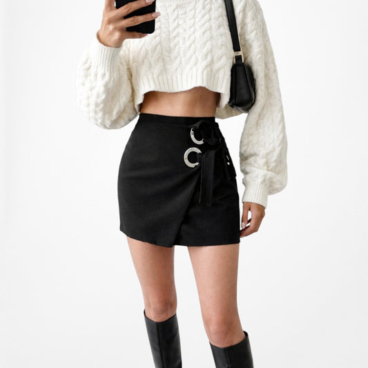 Black High Waisted Silver Hoop Hardware Wrap Mini Skirt Size XS/S