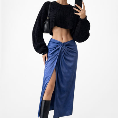 Zara High Waisted Pleated High Slit Satin Midi Skirt Size XS