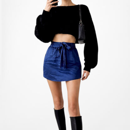 Vintage Y2K Navy Blue High Waisted Silk Pocket Mini Pencil Skirt Size XS/S