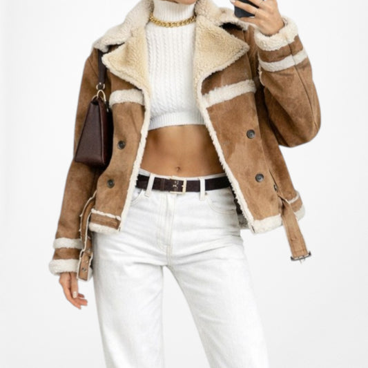 Vintage Y2K Brown Suede Faux Fur Fleece Lined Motorcycle Biker Jacket Size L