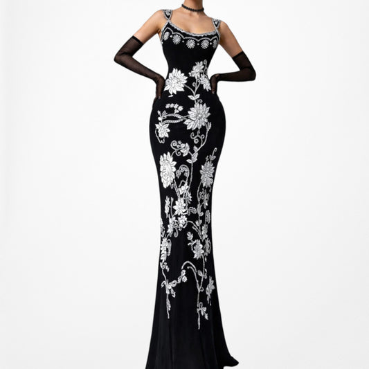 Black White Vintage Floral Beaded Embroidered Silk Maxi Bodycon Formal Cocktail Prom Dress Size M/L