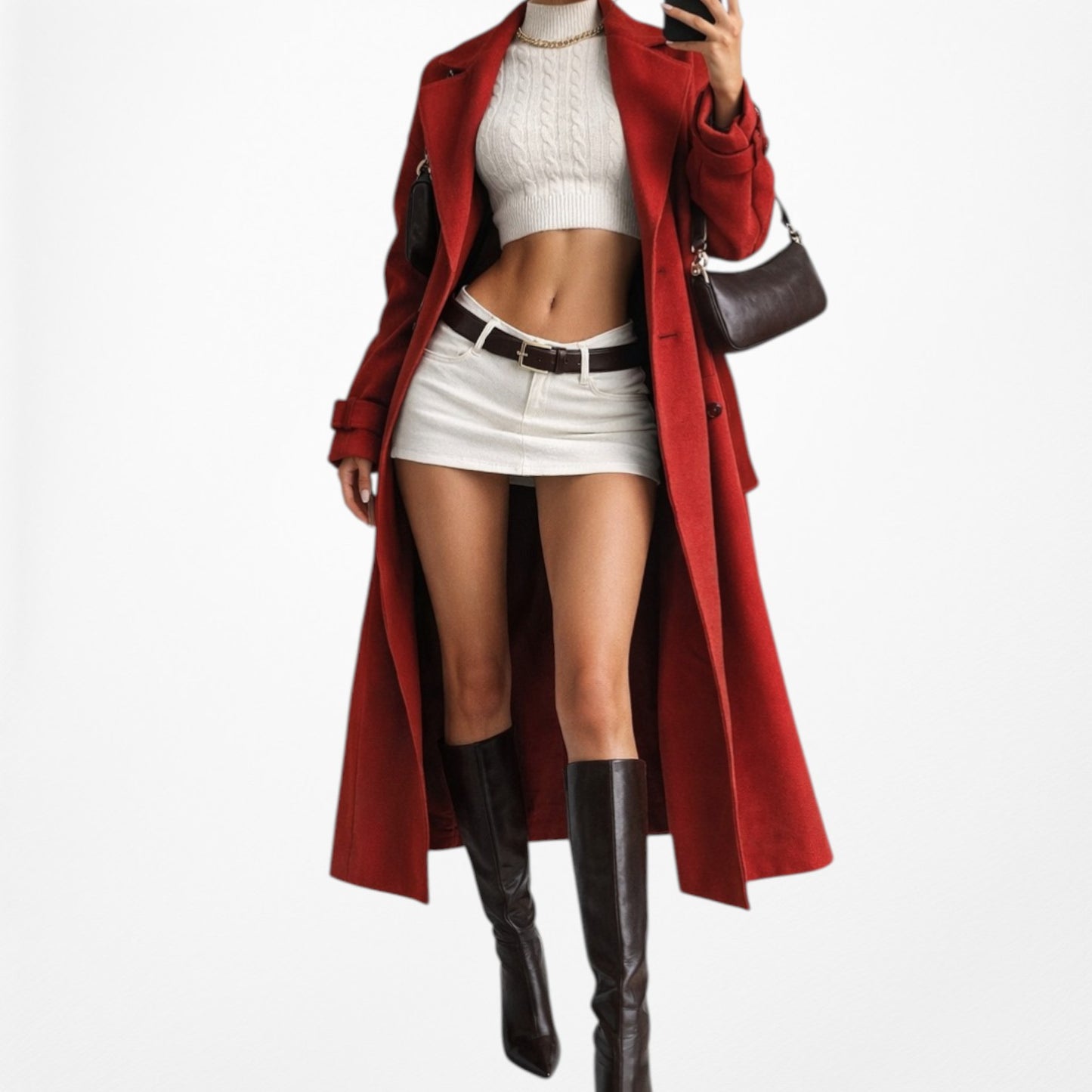 Red Oversized Belted Trench Coat Peacoat Style Long Jacket Size XS/S/M