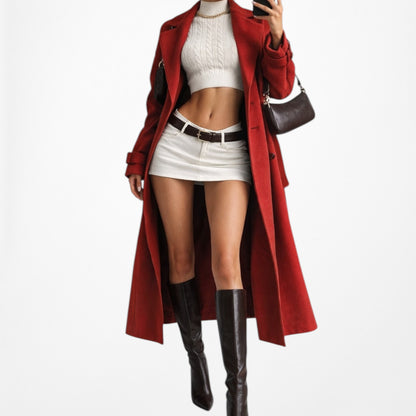 Red Oversized Belted Trench Coat Peacoat Style Long Jacket Size XS/S/M