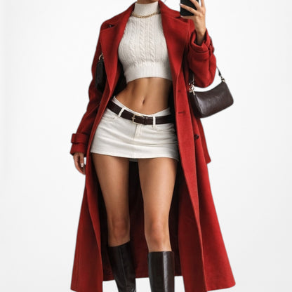 Red Oversized Belted Trench Coat Peacoat Style Long Jacket Size XS/S/M
