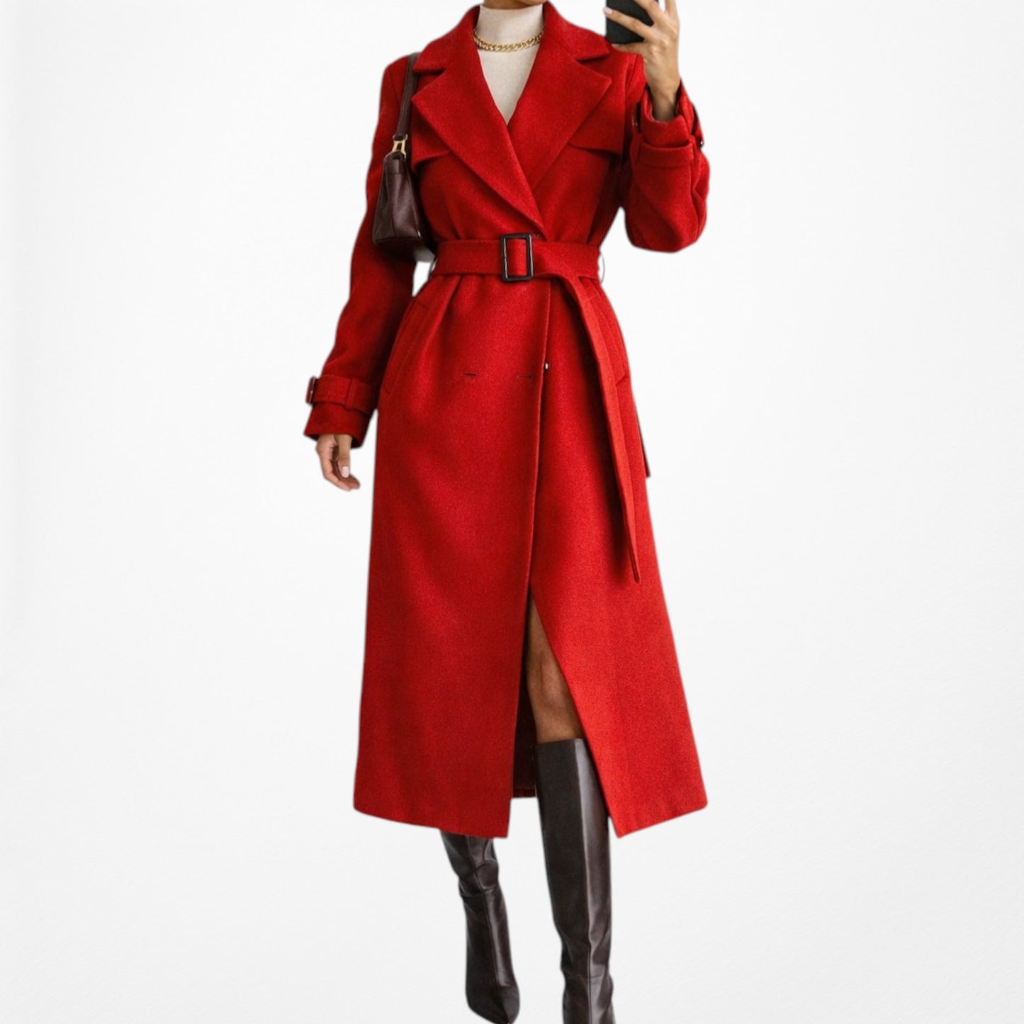 Red Oversized Belted Trench Coat Peacoat Style Long Jacket Size XS/S/M