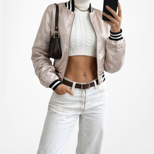 Vintage Y2K 90s Pink Satin Casual Varsity Style Bomber Jacket Size XS/S